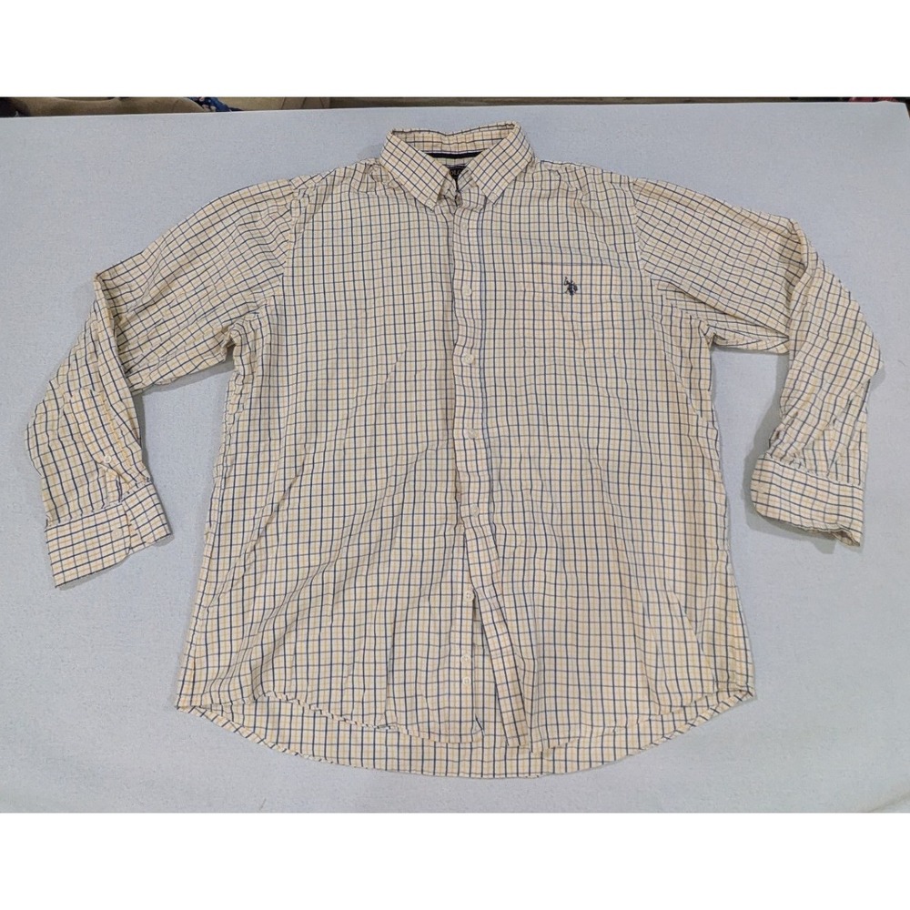 U.S. Polo Assn Button Down Shirt Mens L Yellow Blue Plaid Excellent Long Sleeve